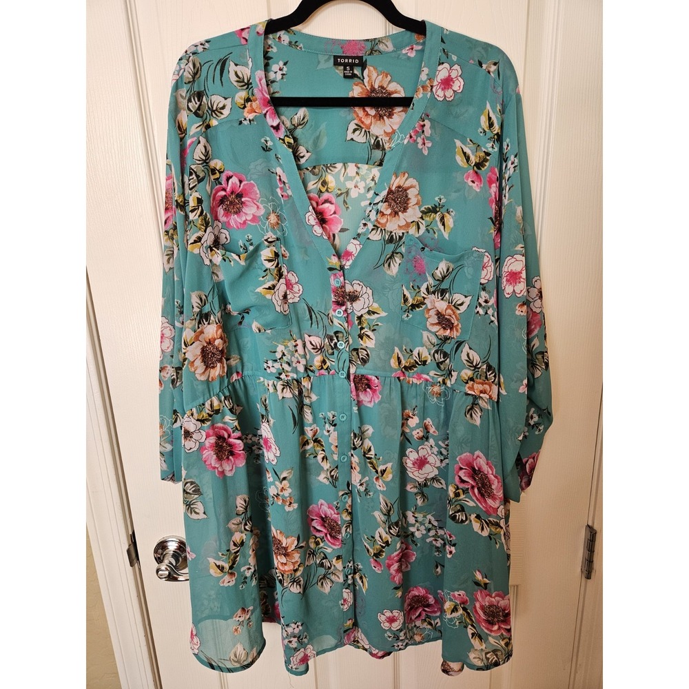 Torrid Teal Floral Tunic V-Neck Front Buttons Pockets Elastic Waist Top, Plus 5X